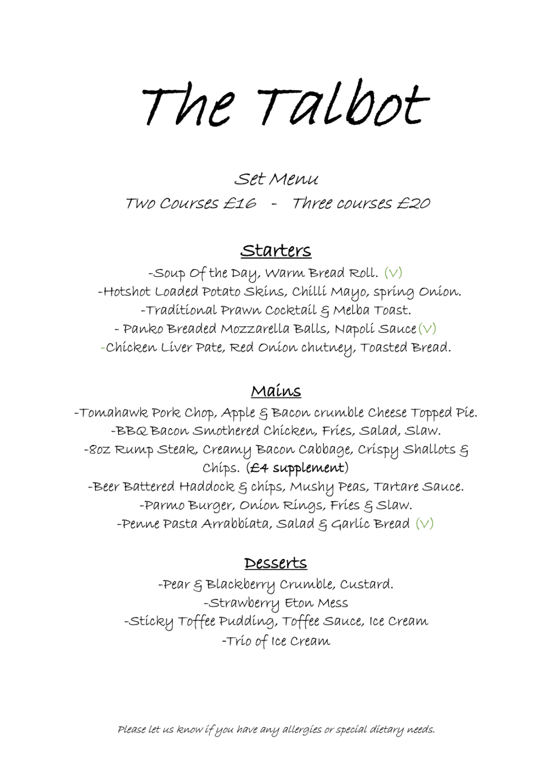 Menus – The Talbot