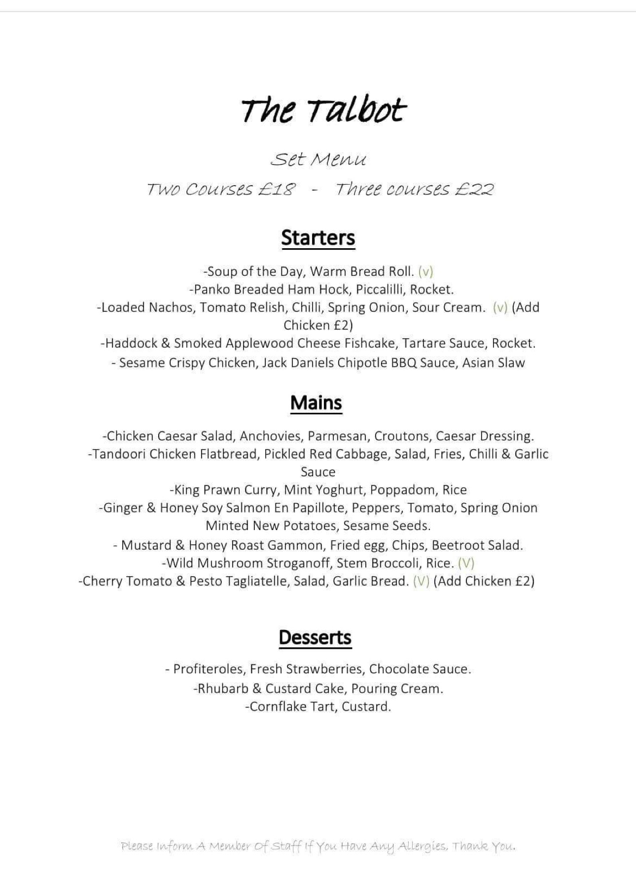 Menus – The Talbot